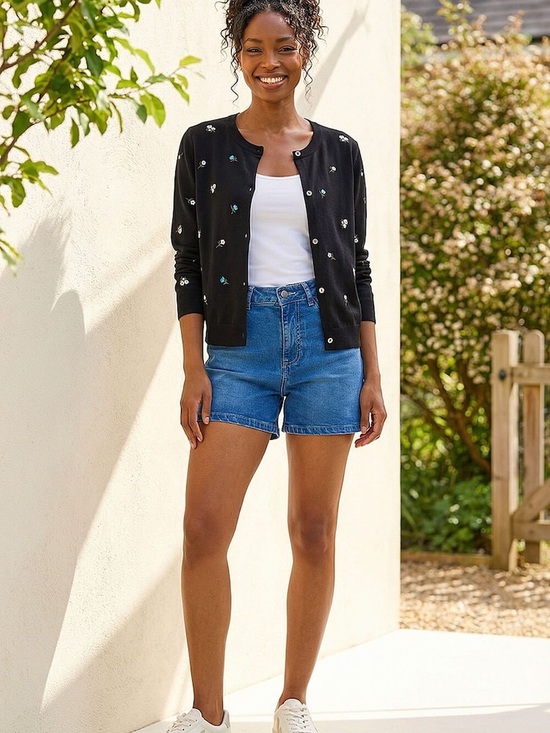 Roman Tops - Roman Black Floral Embroidered Knit Cardigan